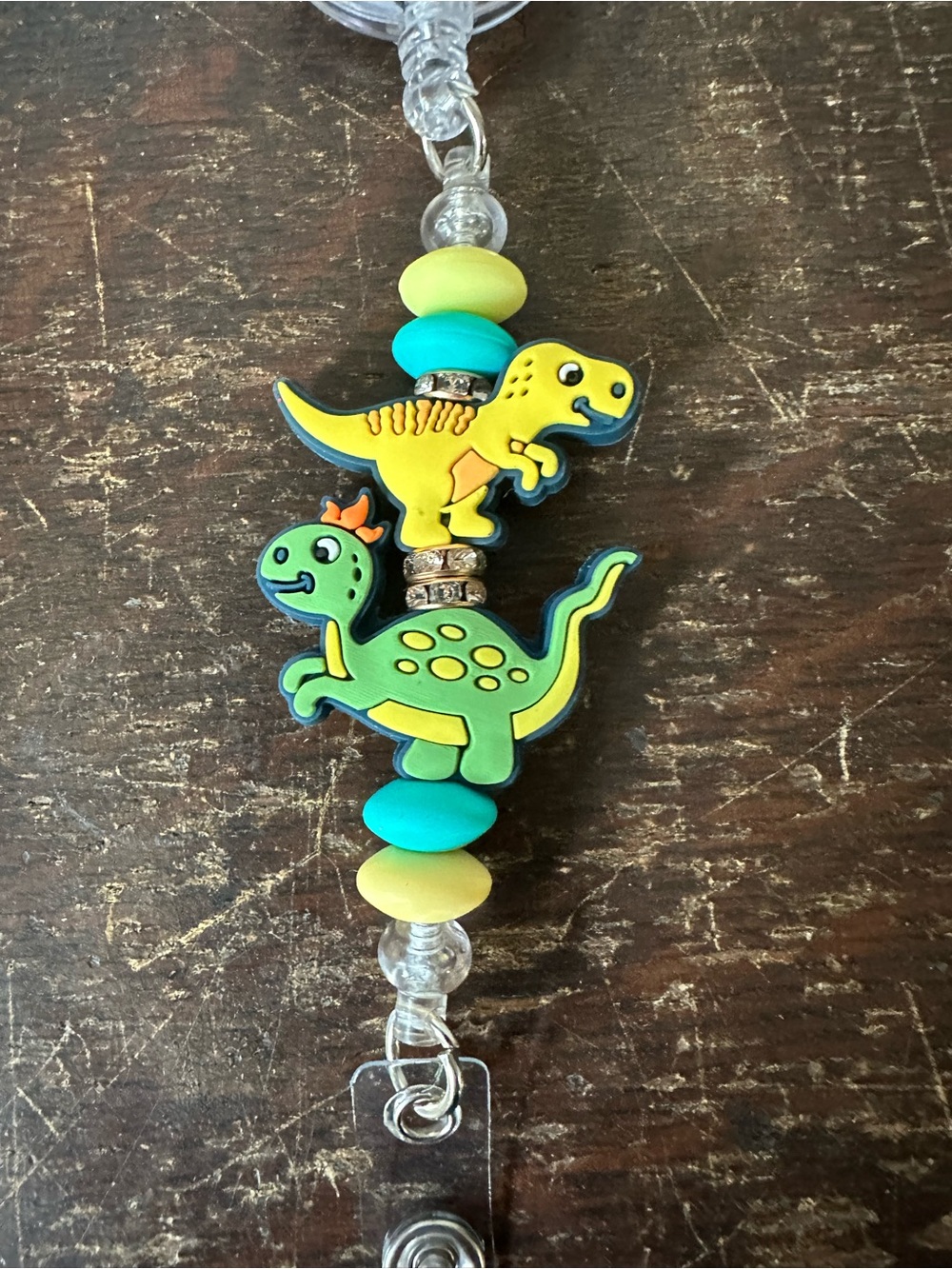 Handmade Cute Green & Yellow Dinosaur Badge Reel